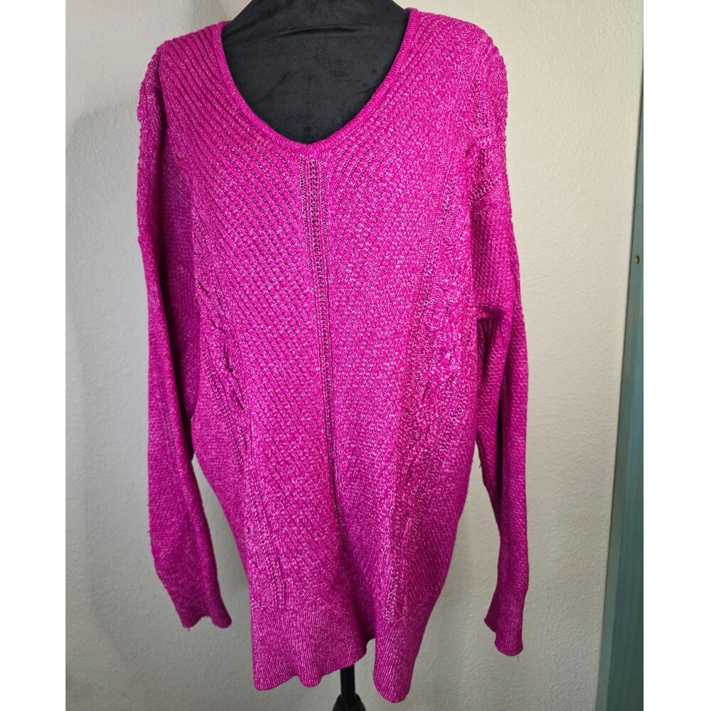 Lane Bryant V-Neck Cable Knit Pullover Sweater Fuchsia Pink Cozy Oversized Warm